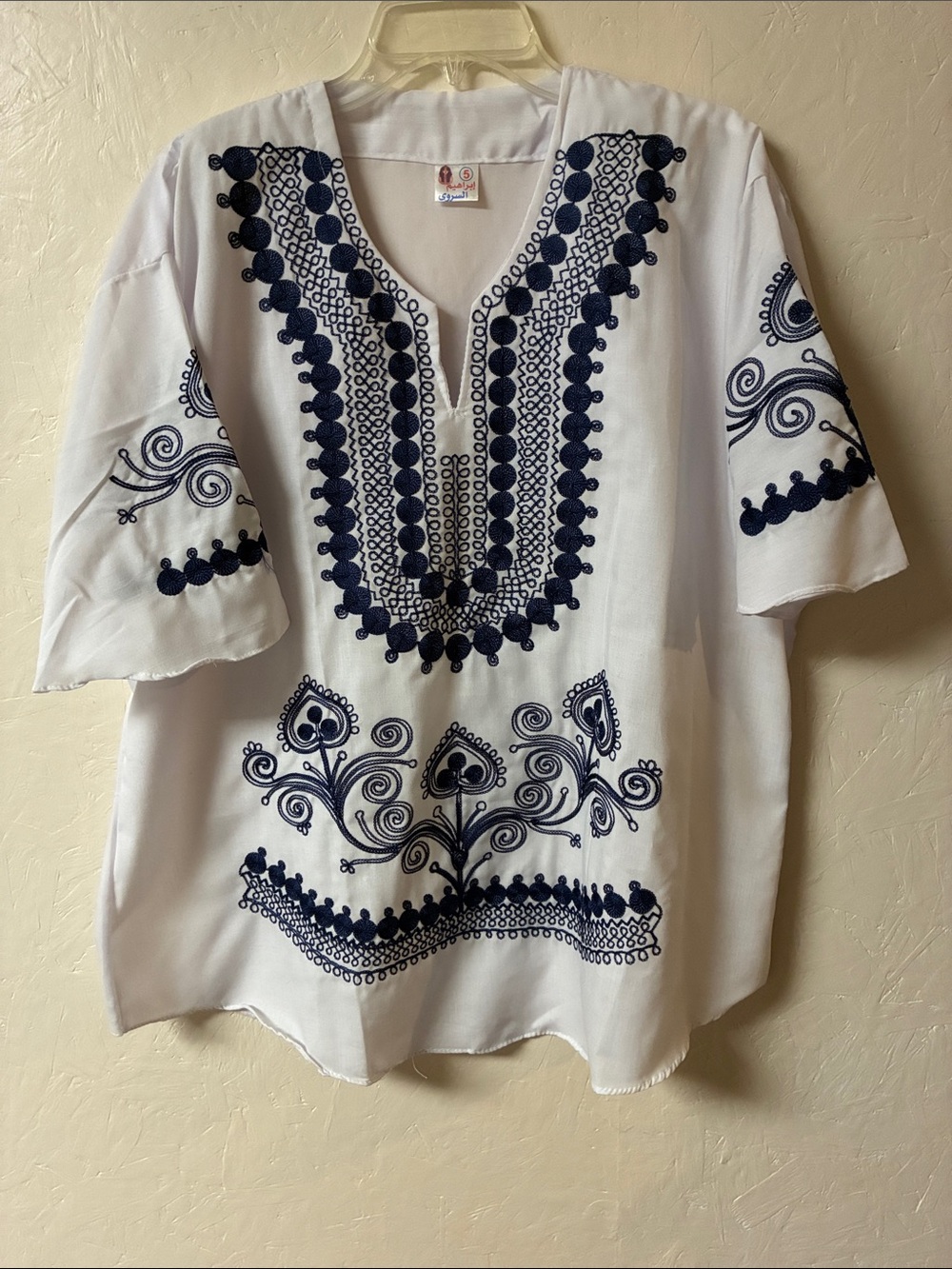 Plus size White Embroidered V-Neck Tunic with Navy Detail